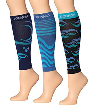 Ronnox Women's 3-Pairs Bright Colored Calf Compression Tube Sleeves (16-20 mmHg / 12-14 mmHg Great for Athletic & Medical Use (Medium, Blue Colors)