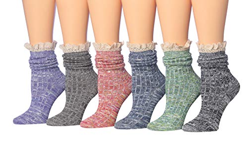 Tipi Toe Women's 6-Pack Cotton Blend Ragg Space Dye Lace Crew Winter Boot Socks Hiking Socks, Size 9-11, BT25-6