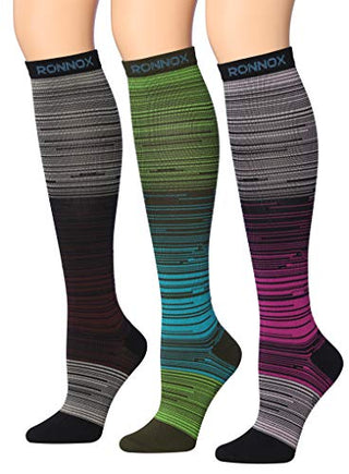 Ronnox Compression Socks for Men & Women Colorful Patterned Knee High Socks (16-20 mmHg / 12-14 mmHg) 3-Pairs CP21-ML