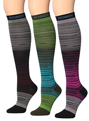 Ronnox Compression Socks for Men & Women Colorful Patterned Knee High Socks (16-20 mmHg / 12-14 mmHg) 3-Pairs CP01-B