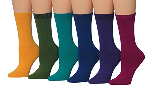 Tipi Toe Women's 6-Pairs Solid Colorful Patterned Crew Socks, (sock size 9-11) Fits shoe size 5-9, WC13-A
