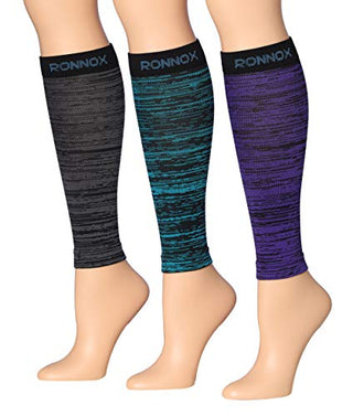 Ronnox Women's 3-Pairs Bright Colored Calf Compression Tube Sleeves (16-20 mmHg / 12-14 mmHg Great for Athletic & Medical Use (Medium, Black/Purple/Teal)