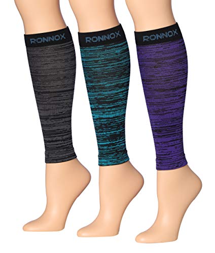 Ronnox Women's 3-Pairs Bright Colored Calf Compression Tube Sleeves (16-20 mmHg / 12-14 mmHg Great for Athletic & Medical Use (Small, Black/Purple/Teal)