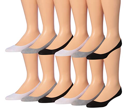Tipi Toe Women's 12-Pairs Ultra Low Cut No Show Flats & Heels Shoe Foot Liner Socks With Non Slip Heel Silicon Gel Grip, PES17