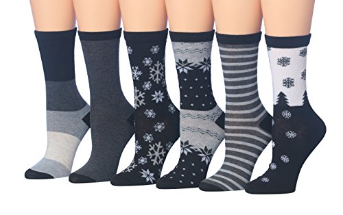 Tipi Toe Women's Ladies 6-Pairs Comfort Blend Snowflakes Winter Vibes Snow Fashion Crew Novelty Socks, (sock size 9-11) Fits shoe size 5-9, WC41-A-N1
