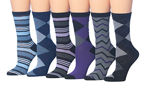 Tipi Toe Women's 6-Pairs Argyle & Stripe Colorful Crew Dress Socks, (sock size 9-11) Fits shoe size 5-9, WC44-A