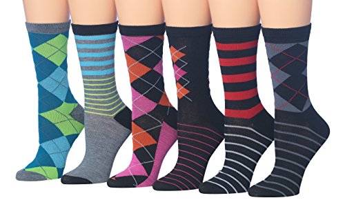 Tipi Toe Women's 6-Pairs Fun Argyle & Stripe Colorful Crew Funky Socks, (sock size 9-11) Fits shoe size 5-9, WC44-B