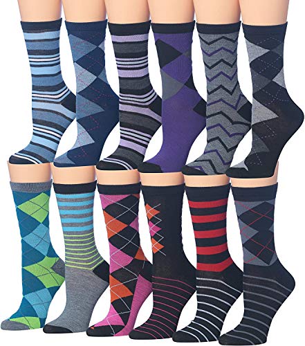 Tipi Toe Women's 12-Pairs Value Pack Argyle & Stripe Colorful Crew Dress Socks, (sock size 9-11) Fits shoe size 5-9, WC44-AB
