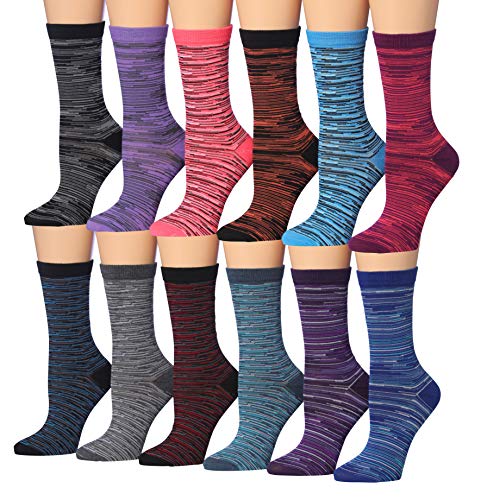 Tipi Toe Women's 12-Pairs Ministripe & Striped Colorblock Colorful Work Fashion Crew Dress Socks, (sock size 9-11) Fits shoe size 5-9, WC84-AB