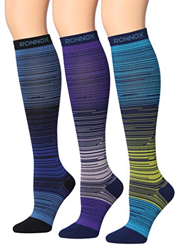 Ronnox Compression Socks for Men & Women Colorful Patterned Knee High Socks (16-20 mmHg / 12-14 mmHg) 3-Pairs CP22-SM