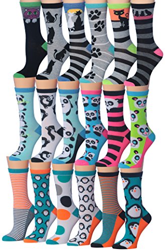 Tipi Toe Women's Ladies 18-Pairs Value Pack Penguin Cat Socks Panda Bear Novelty Animal Design Winter Socks, (sock size 9-11) Fits shoe size 5-9, WC64