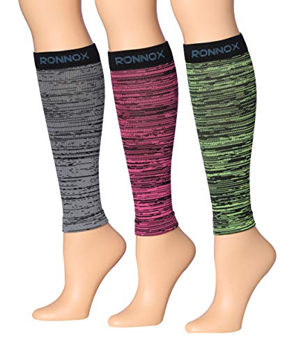Ronnox Women's 3-Pairs Bright Colored Calf Compression Tube Sleeves (16-20 mmHg / 12-14 mmHg Great for Athletic & Medical Use (Large, Gray/Pink/Green)