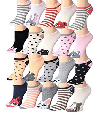 Tipi Toe Women's 20 Pairs Colorful Patterned Low Cut/No Show Socks WL23-AB