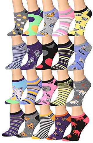 Tipi Toe Women's 20 Pairs Colorful Patterned Low Cut/No Show Socks NS196-AB