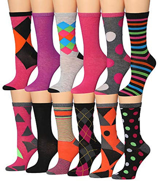 Tipi Toe Women's 12 Pairs Colorful Patterned Crew Socks WC49-AB