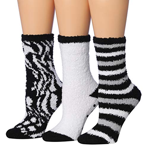 Tipi Toe Women's 3-Pairs Gray Zeebra Soft Anti-Skid Fuzzy Winter Crew Socks FZ27-A