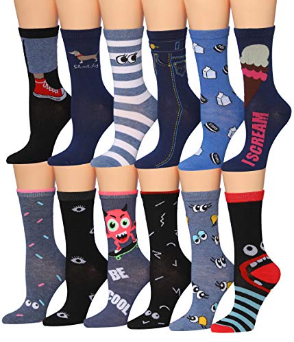 Tipi Toe Women's 12 Pairs Colorful Patterned Crazy Eyes & Novelty Monster Crew Socks (WC46-AB)