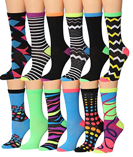 Tipi Toe Women's 12 Pairs Colorful Funky Fashion Crazy Crew Socks, (sock size 9-11) Fits shoe size 5-9, WC33-AB