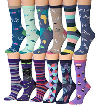 Tipi Toe Women's 12 Pairs Colorful Patterned Crew Socks (WC88-AB)