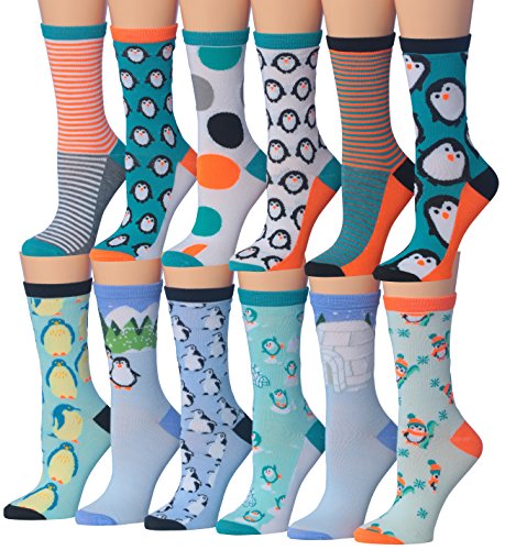 Tipi Toe Women's 12-Pairs Value Pack Penguin Novelty Animal Design Socks, (sock size 9-11) Fits shoe size 5-9, WC52-AB