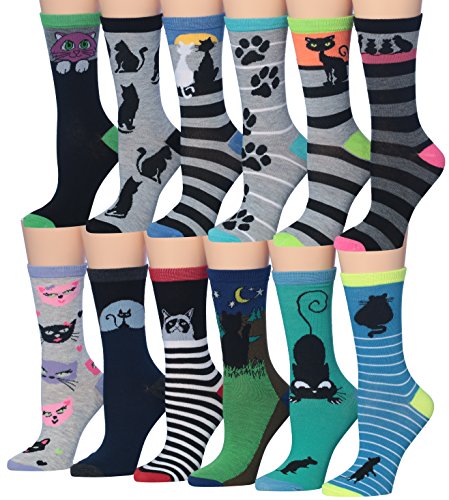 Tipi Toe Women's 12-Pairs Fashion Crew Novelty Cat Socks