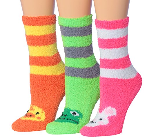 Tipi Toe Women's 3-Pairs Novelty Animal Anti-Skid Soft Fuzzy Crew Socks, (sock size 9-11) Fits shoe size 6-9, FZ14-A