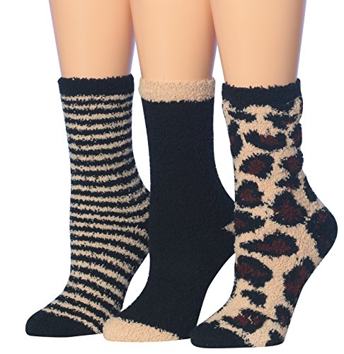 Tipi Toe Women's 3-Pairs Patterned & Solid Anti-Skid Soft Fuzzy Crew Socks FZ26-A