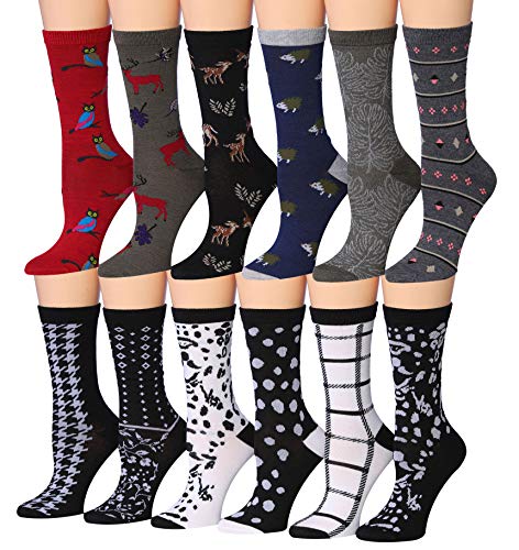 Tipi Toe Women's 12 Pairs Colorful Patterned Crew Socks (WC87-AB)