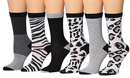 Tipi Toe Ladies Women's 6 Pairs Snowflake Monochrome Animal Design Socks, (sock size 9-11) Fits shoe size 5-9, WC37-A