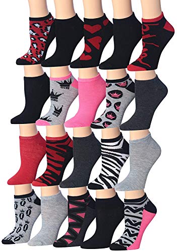 Tipi Toe Women's 20 Pairs Colorful Patterned Low Cut/No Show Socks (Love Me, Queen)