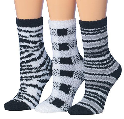 Tipi Toe Women's 3-Pairs Black And White Monochrome Anti-Slip Soft Fuzzy Winter Crew Home Socks, (sock size 9-11) Fits shoe size 6-9, FZ16-A