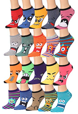 Tipi Toe Women's 20 Pairs Colorful Patterned Low Cut/No Show Socks WL36-AB