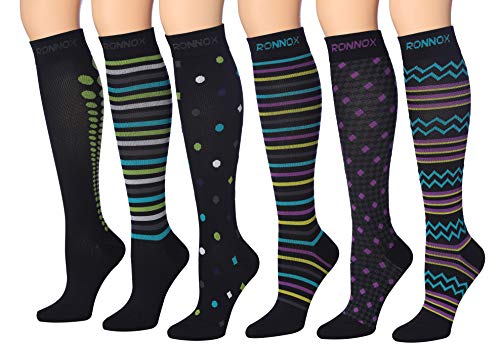 Ronnox Compression Socks for Men & Women Colorful Patterned Knee High Socks (16-20 mmHg / 12-14 mmHg) 6-Pairs CP07-10