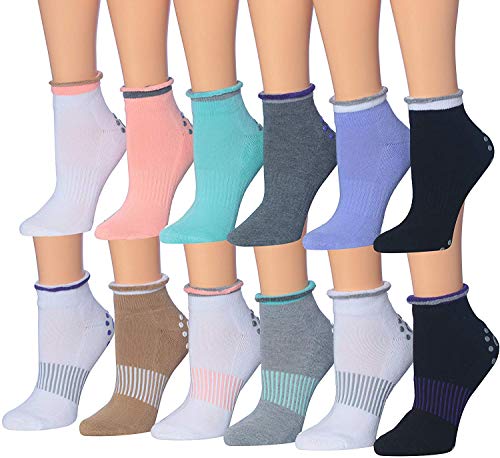 Ronnox Women's 12-Pairs Anti-Skid Non-Slip Silicone-Gripper Low Cut Cushioned Socks, For Yoga Pilates & Barre, Small/Medium, RY01-AB-SM