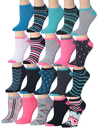 Tipi Toe Women's 20 Pairs Colorful Patterned Low Cut/No Show Socks WL08-AB