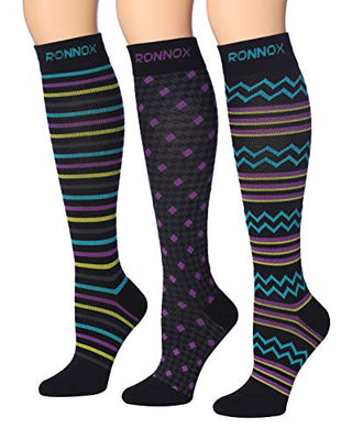 Ronnox Compression Socks for Men & Women Colorful Patterned Knee High Socks (16-20 mmHg / 12-14 mmHg) 3-Pairs