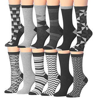 Tipi Toe Women's 12 Pairs Colorful Patterned Crew Socks (Monochrome Geometric N1)