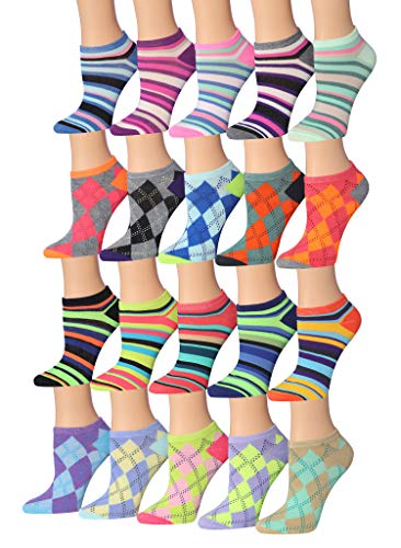 Tipi Toe Women's 20 Pairs Colorful Patterned Low Cut/No Show Socks (Multi Stripe & Argyle)
