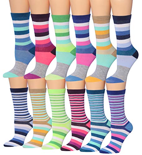 Tipi Toe Women's 12-Pairs Ministripe & Striped Colorblock Colorful Work Fashion Crew Dress Socks, (sock size 9-11) Fits shoe size 5-9, WC43-AB