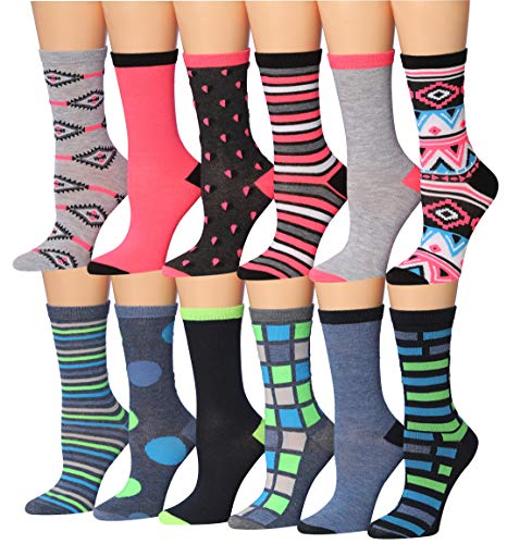 Tipi Toe Women's 12 Pairs Colorful Patterned Crew Socks (WC72-AB)