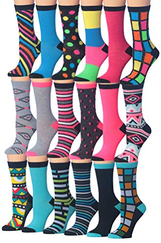 Tipi Toe Women's 18-Pairs Value Pack Colorful Crazy Funky Fashion Crew Socks, (sock size 9-11) Fits shoe size 5-9, WC61-18