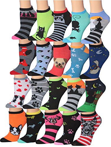 Tipi Toe Women's 20 Pairs Colorful Patterned Low Cut/No Show Socks WL22-AB