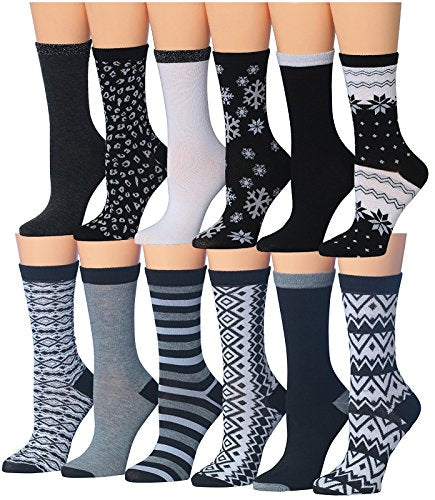 Tipi Toe Women's 12-Pairs Monochrome Patterned Womens Crew Socks, (sock size 9-11) Fits shoe size 5-9, WC16-AB