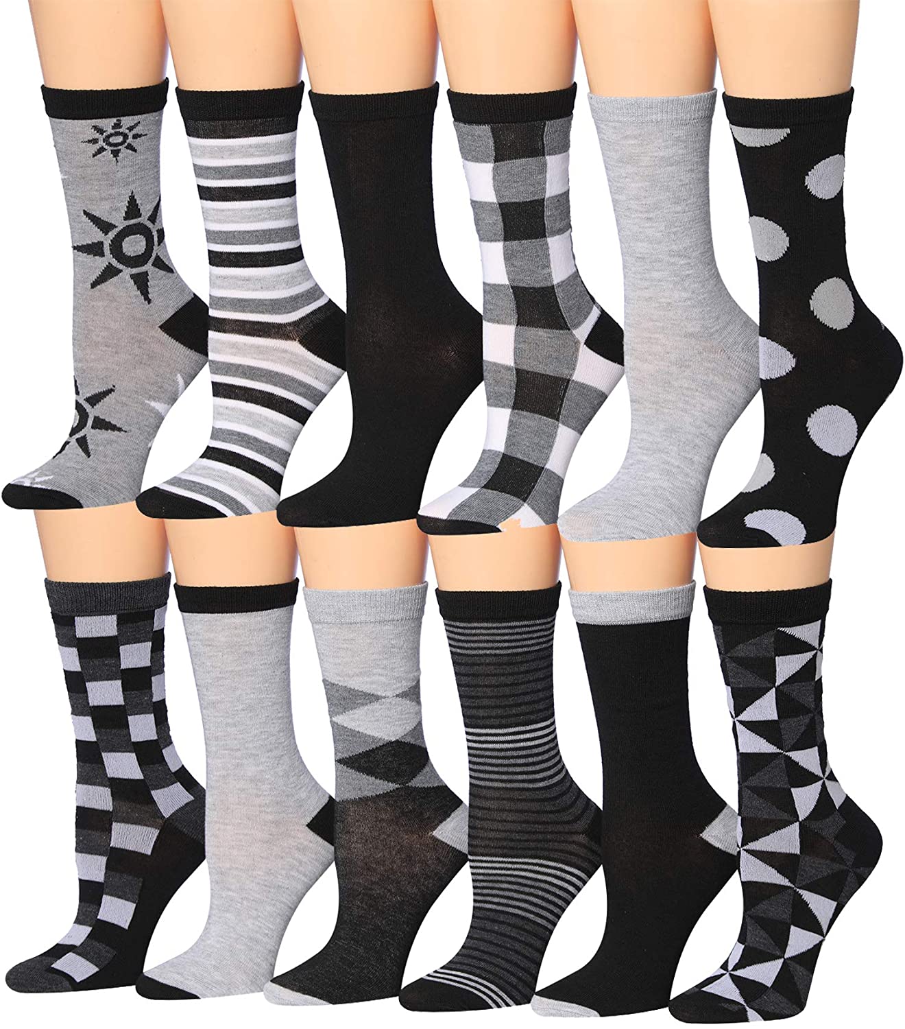 Tipi Toe Women's 12 Pairs Colorful Patterned Crew Socks