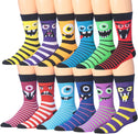 Fiallo Mens 12 Pairs Funny Faces Striped Colorful Crew Socks