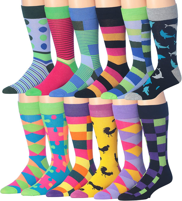 James Fiallo Mens 12 Pairs Funny Faces Striped Colorful Crew Socks