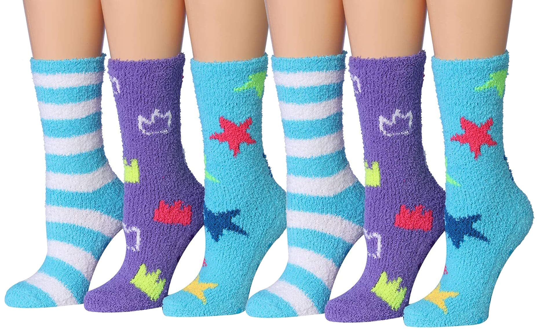 Tipi Toe Women's 6-Pairs Cozy Microfiber Anti-Skid Soft Fuzzy Crew Socks