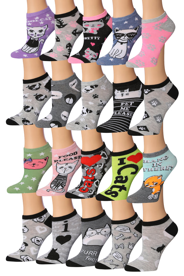 Tipi Toe Women's 20 Pairs Colorful Patterned Low Cut/No Show Socks