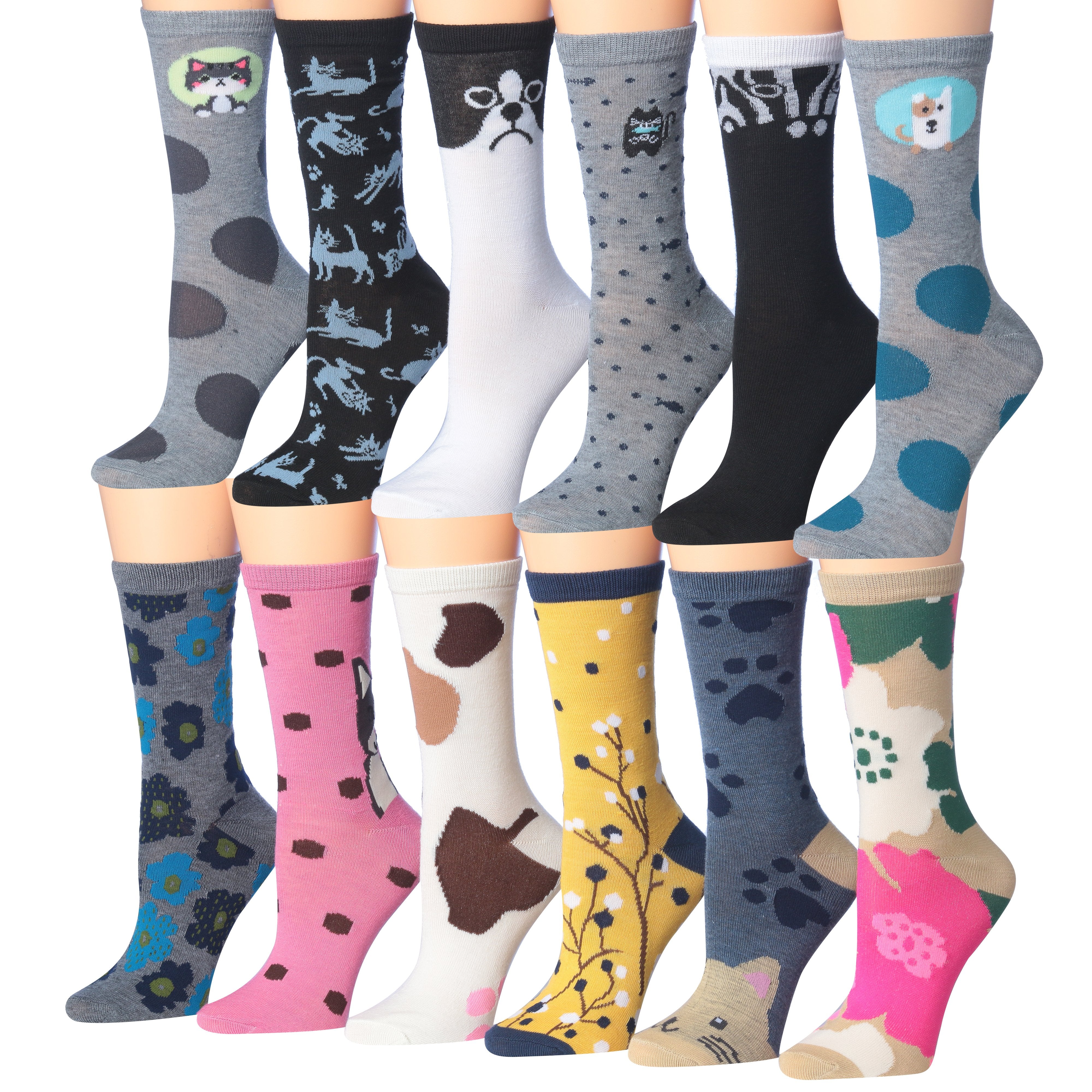 Tipi Toe Women's 12 Pairs Colorful Patterned Crew Socks