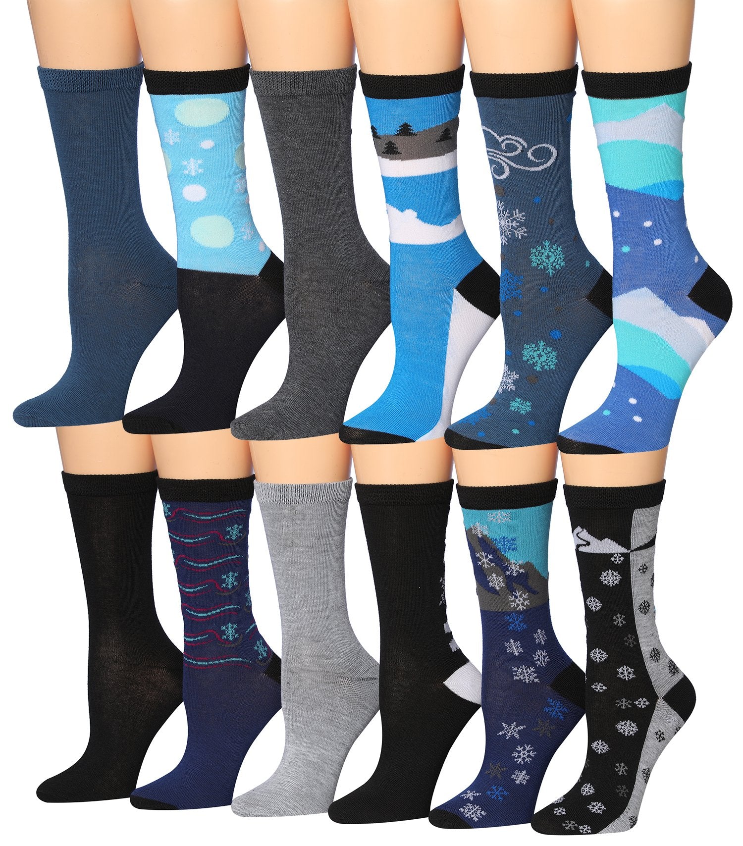 Tipi Toe Women's 12 Pairs Colorful Patterned Crew Socks